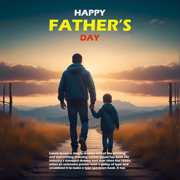 a poster for a father and son holding hands and walking in a field