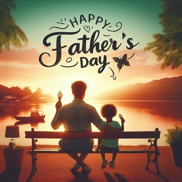 a poster for a father and son sitting on a bench with a sunset in the background