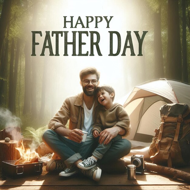 Photo a poster for a father and son with a campfire in the background