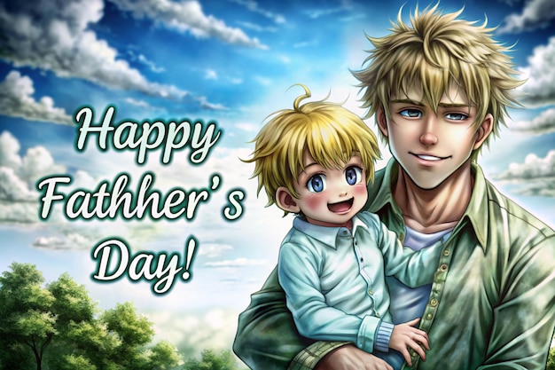 a poster for a father and son with a sky background with clouds and a boy