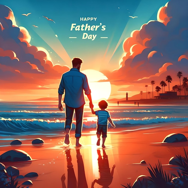 a poster for a father and son with a sunset and a father holding hands