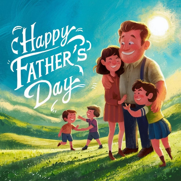 a poster for a fathers day with a happy father and children