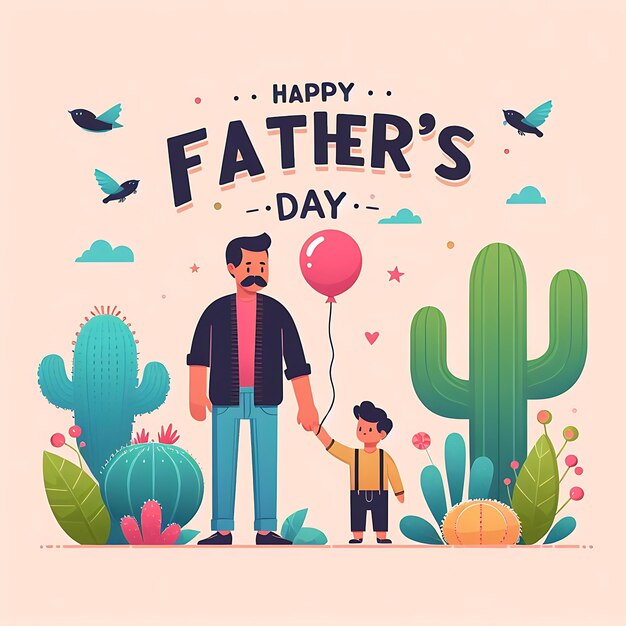 a poster for fathers day with a man holding a balloon and a cactus