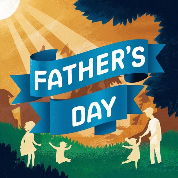 a poster for fathers days day with a blue ribbon around it