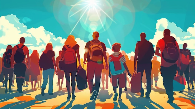 Poster featuring diverse individuals walking towards a hopeful horizon vibrant colors