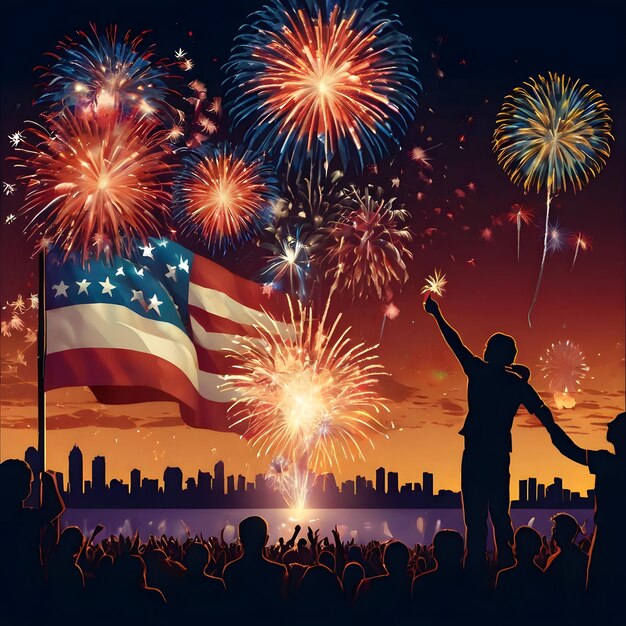 a poster of fireworks with a man pointing to a flag with a flag and a flag