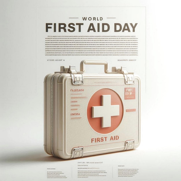 a poster for first aid with a red circle and a white cross