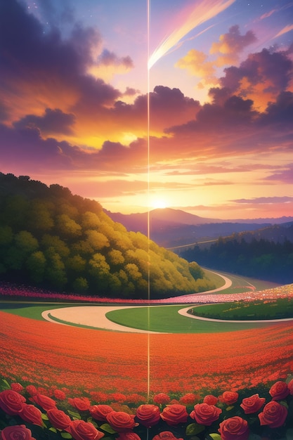 A poster for a flower field with a sunset in the background.