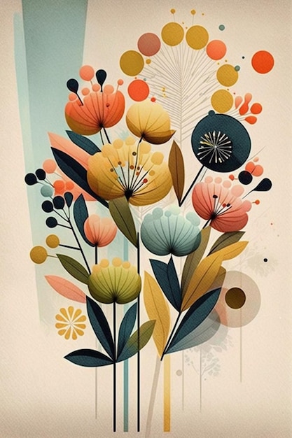 A poster of flowers with a blue background and a red circle on the bottom.