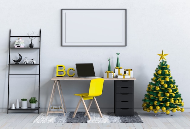 poster frame Christmas interior workspace room. 3d render