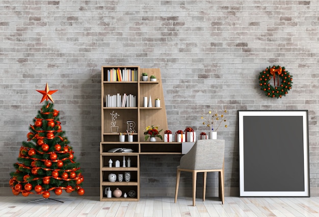 poster frame Christmas interior workspace room. 3d render