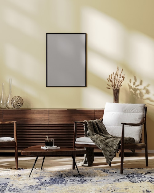 Poster frame mock up in Cozy modern living room interior mock up in light brown tones, scandinavian style, 3d illustration