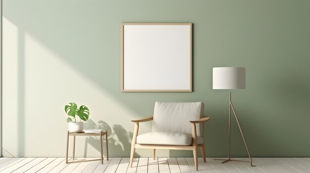 Poster frame mock up on green wall with sunlight in modern room interior with chair generative Ai