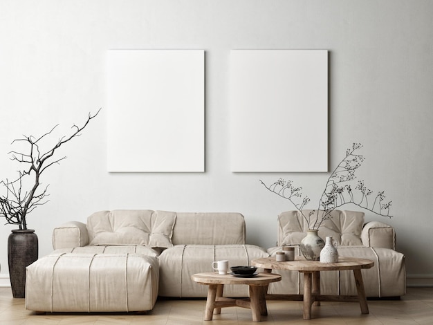 Poster frame mock-up in home interior background, living room with comfortable sofa