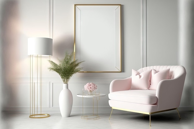 Poster frame mock up in modern bright living room design pink ad white furniture on minimal wall background 3d illustration