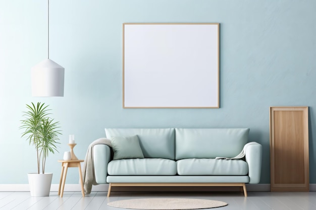 Poster frame mockup in light blue minimalist interior