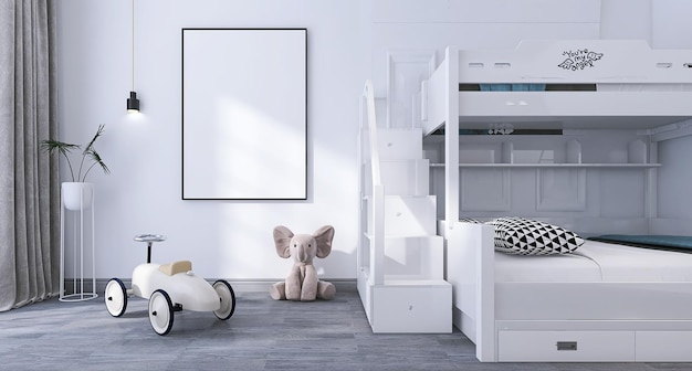 Poster frame mockup in minimal kids bedroom interior with bunk bed elephant toy kids car