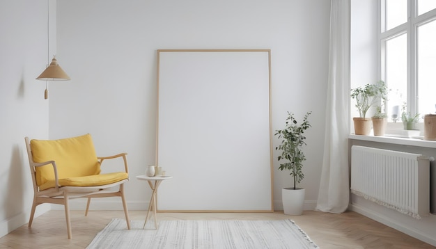 Poster frame mockup in scandinavian style living room interior with yellow on empty white wall