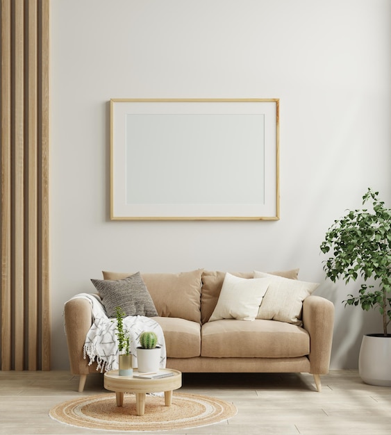 Poster frame mockup in scandinavian style living room interior