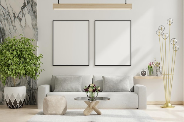 Poster frame mockup in scandinavian style living room interiorsofa minimal design