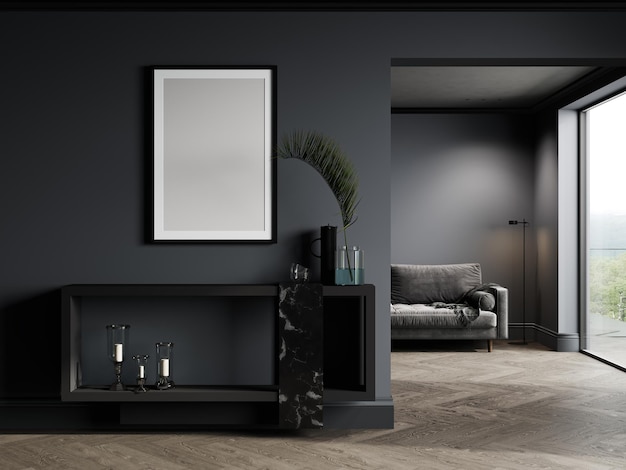 Poster frame mockup in stylish dark home interior with black furniture 3d render