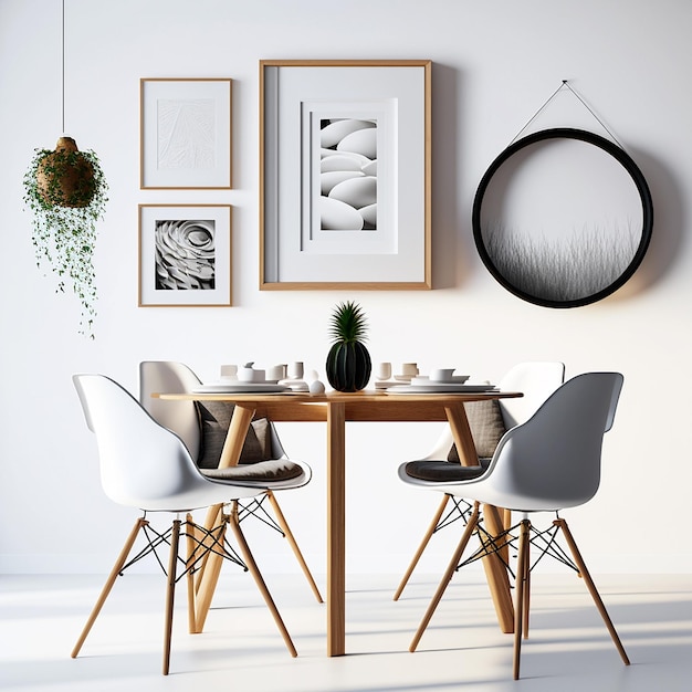 Poster frame modern dining room interior minimalist style photo with wood frames and paintings on the white wall created with Generative AI