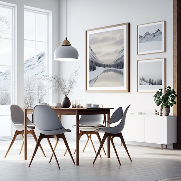 Poster frame modern dining room interior minimalist style photo with wood frames and paintings on the white wall created with Generative AI