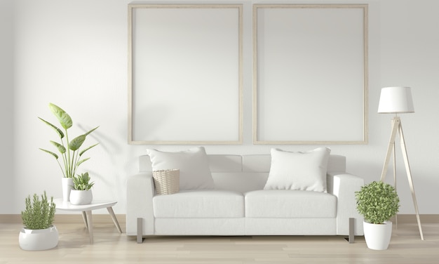  poster frame in white living room with white sofa and decoration plants on floor wooden.3D rendering