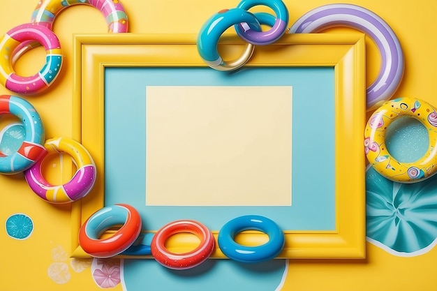 Photo poster frame with decorative pool rings on yellow background