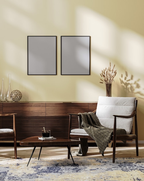 Poster frames mock up in Cozy modern living room interior mock up in light brown tones, scandinavian style, 3d illustration