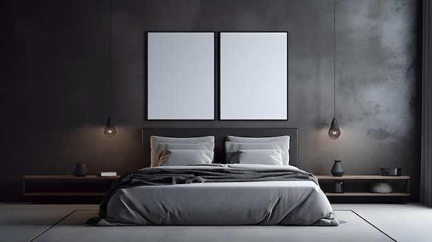 poster frames mock up in modern bedroom interior in gray tones 3d rendering