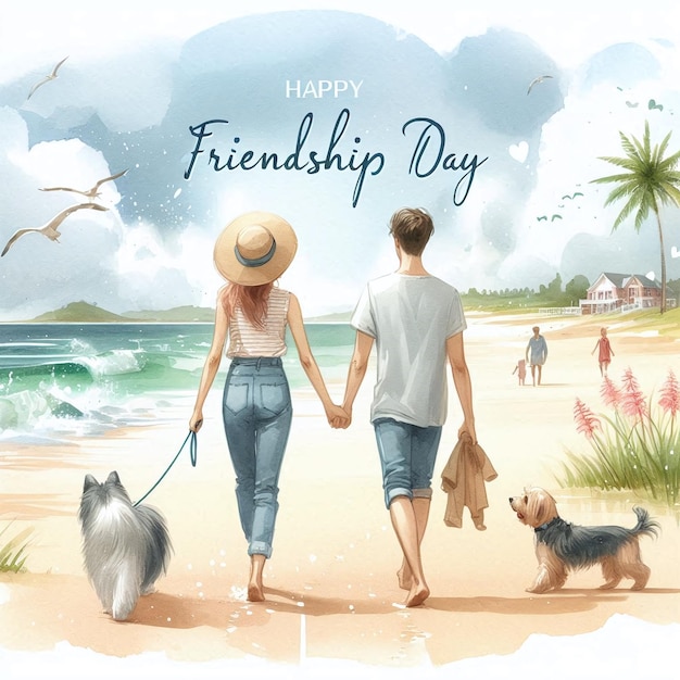 Photo a poster for friendship day with a couple holding hands and a dog walking on the beach