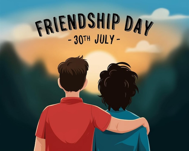 a poster for friendship day with a couple hugging and a sunset background