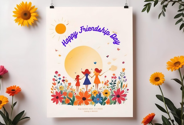 a poster for friendship day with flowers and a picture of a girl and a sunflowers