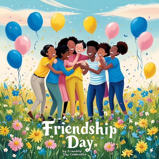 a poster for friendship day with a group of people hugging