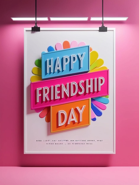 poster for friendship day with a pink background and a colorful text happy friendship day