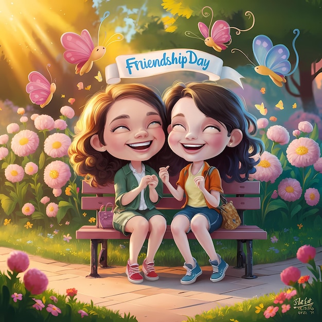 a poster for friendship day with two girls on a bench