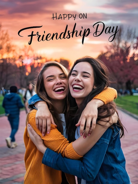 a poster for friendship day with two girls hugging