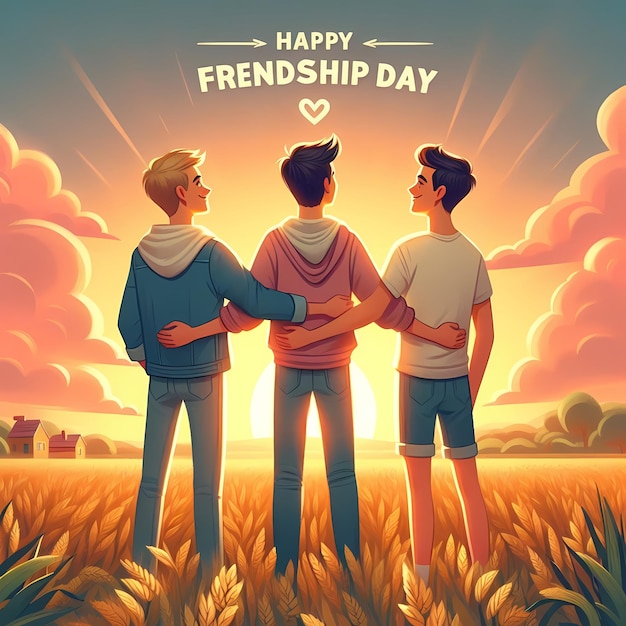 a poster for friendship day with two men and a sky background that says happy friendship