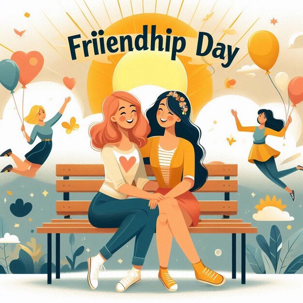 A poster for friendship day with two women sitting on a bench