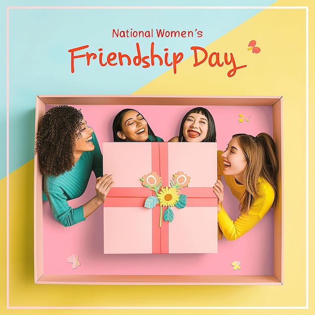 a poster for a friendship day with women holding a pink and white box that saysfriendship