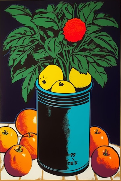 A poster for a fruit stand with a flower in a jar.