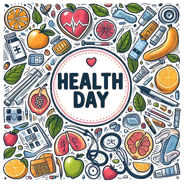 a poster of fruits and vegetables with the words healthy day on it