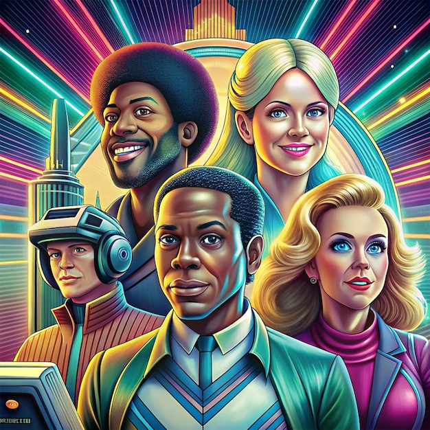 a poster of a futuristic film with a neon background and a group of avatars with technology