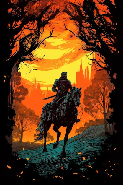 A poster for the game of thrones shows a man riding a horse in front of a fire.