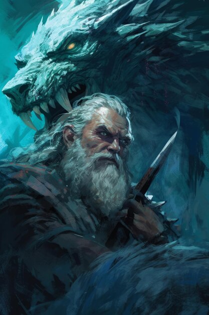 A poster for the game of thrones shows a man with a long beard and a wolf's face.