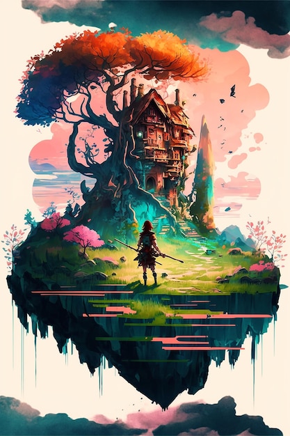 A poster for the game the witcher by the castle.