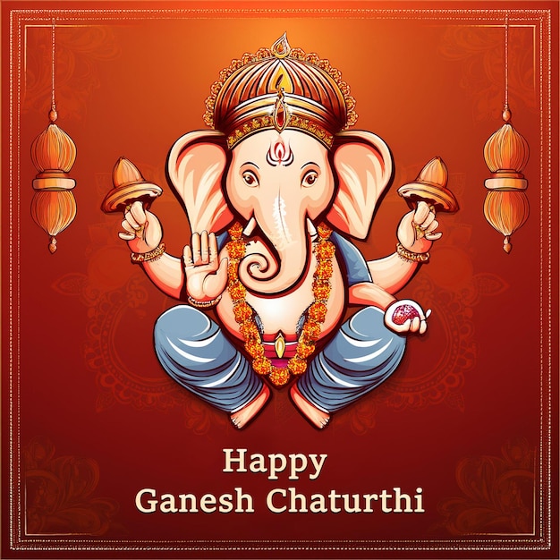 Photo a poster of a ganesh chaturthi with a background of a deity