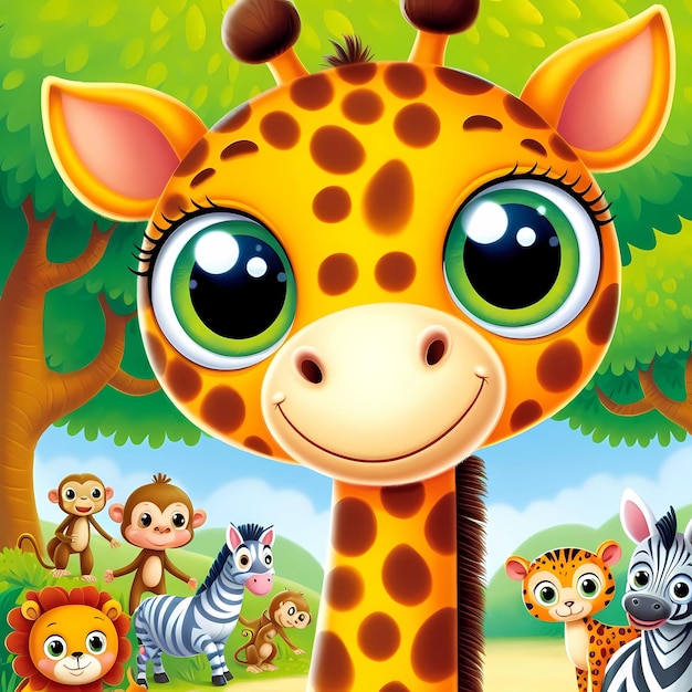 a poster for a giraffe with many other animals and a sign that says giraffes