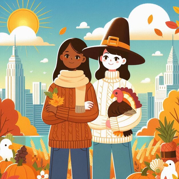 a poster for a girl and her friend with chickens and a city in the background